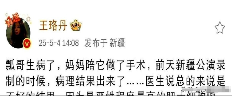 2025年5月4日下午，演员王珞丹在社交平台心痛发文，字里行间满是伤感与不舍，原