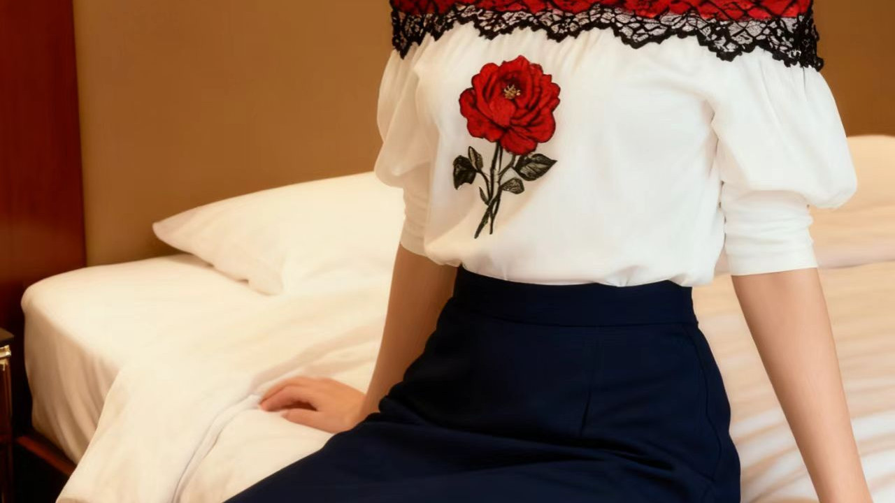 简约上衣，大朵花设计，搭配黑色修身裙，时尚优雅。