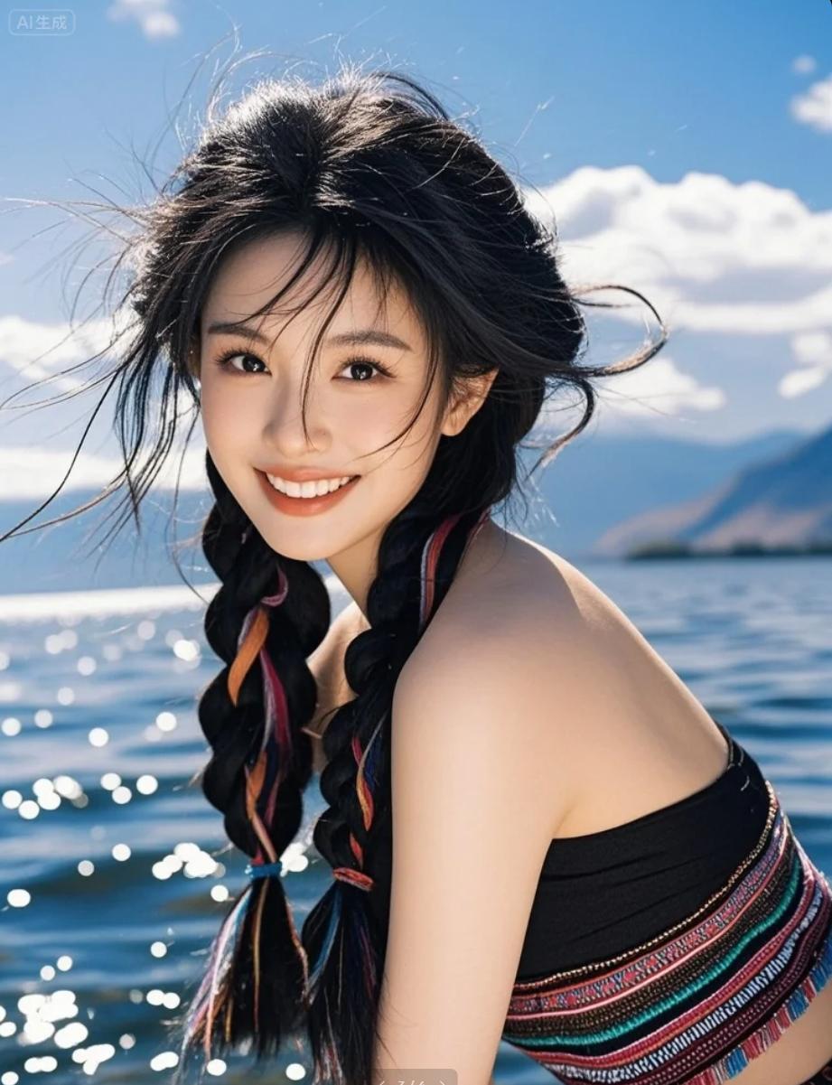 她蹲在花田里，指着发辫说：“我和野花约好今天一起变色！”