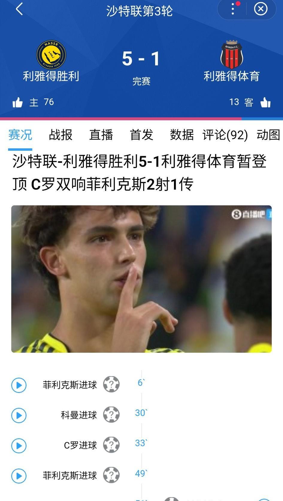 笑死我了！一夜之间，关注的几个球队全赢了……
1、利雅得胜利5-1利雅得体育
C
