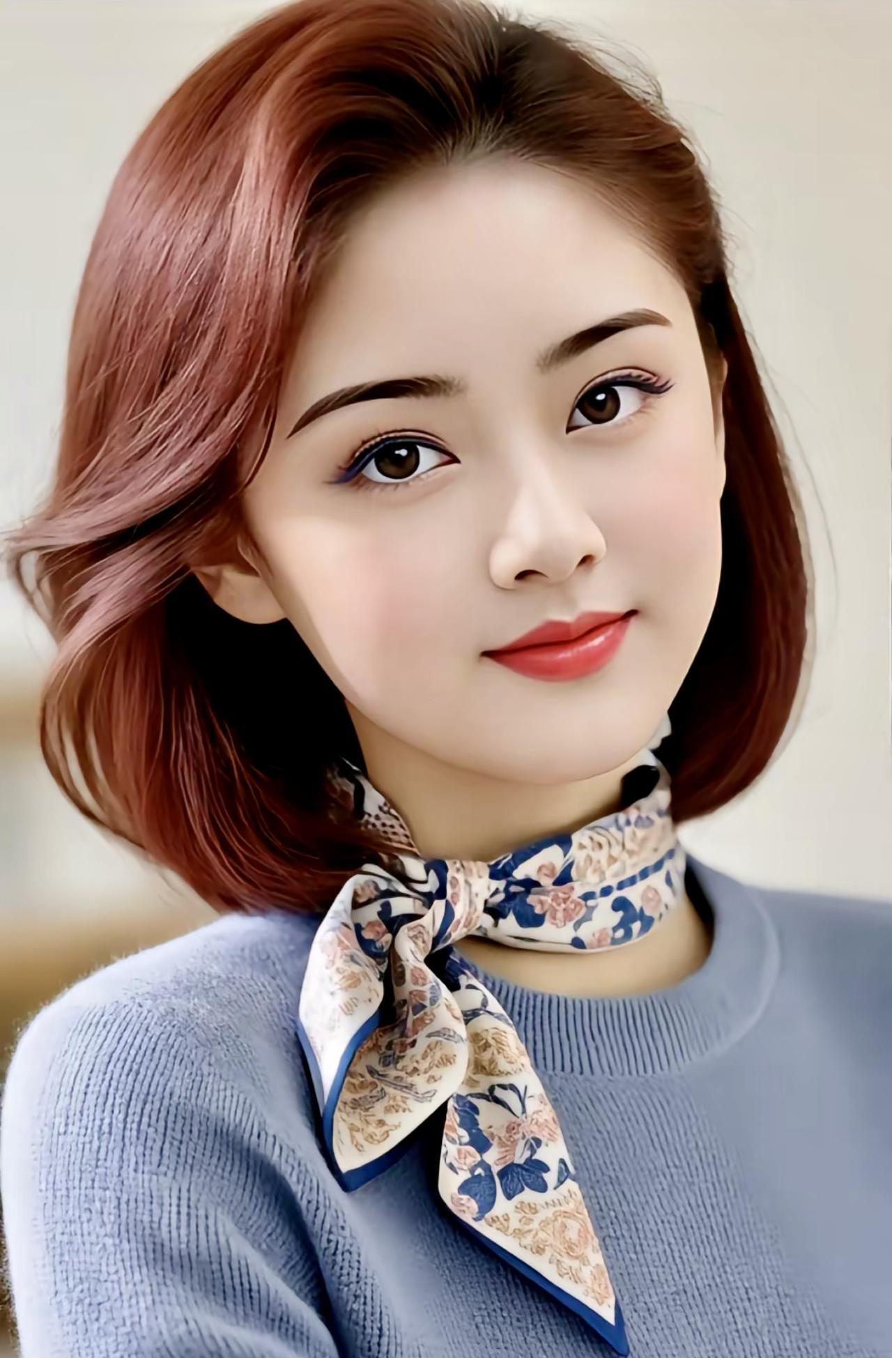 七律·观佳人感怀
棕发微蜷衬玉颜，蓝衫轻裹韵如仙。
丝巾系颈添优雅，笑靥含情绽暖