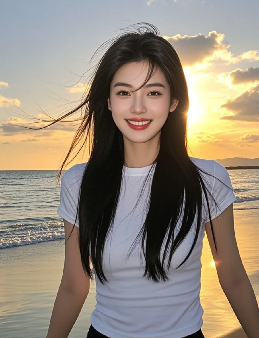 夕阳为她打光，海风为她造型