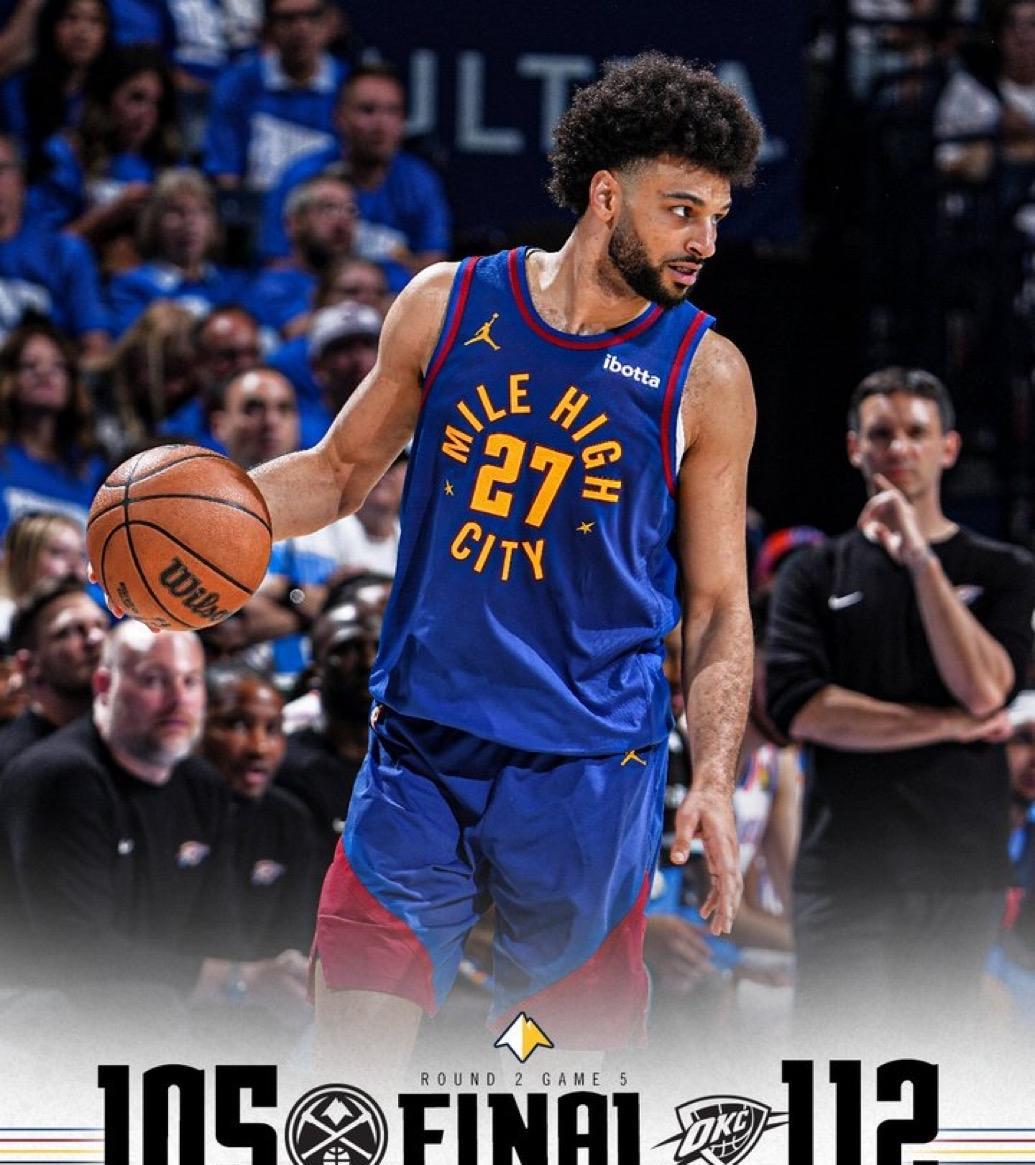 5月14日NBA季后赛西部半决赛第五轮战报（1场）：
掘金105-112雷霆（大