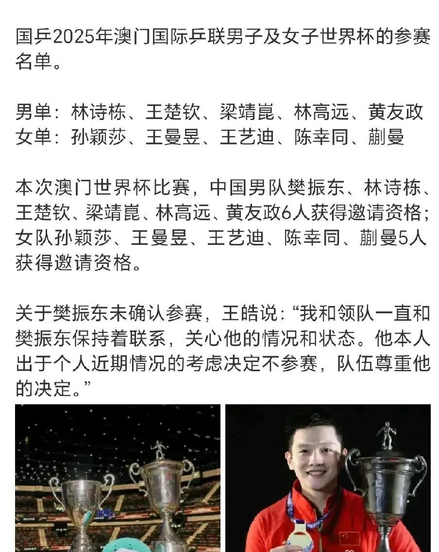 樊振东决定不参加世界杯，难道真的退出世界大赛了吗？中国乒乓球队宣布了世界杯名单啦
