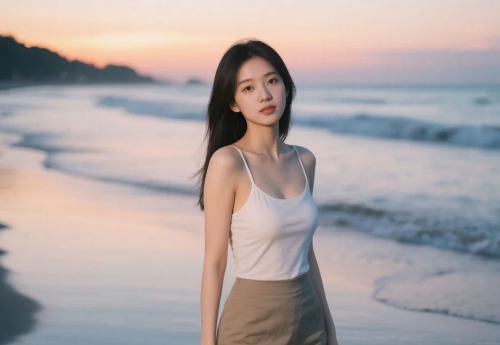 她在海边与晚霞共舞，美得不动声色