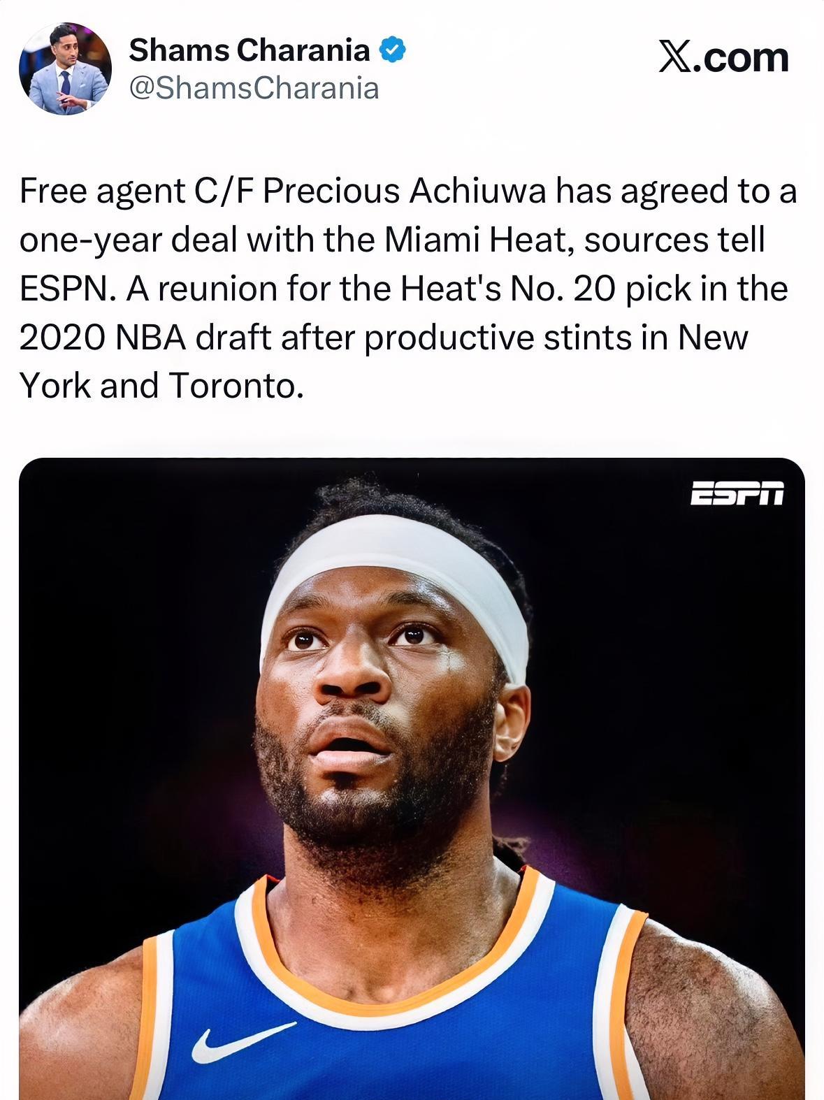 阿丘瓦一年无保障合同签约热火！
据shams报道：消息人士告诉ESPN，自由球员