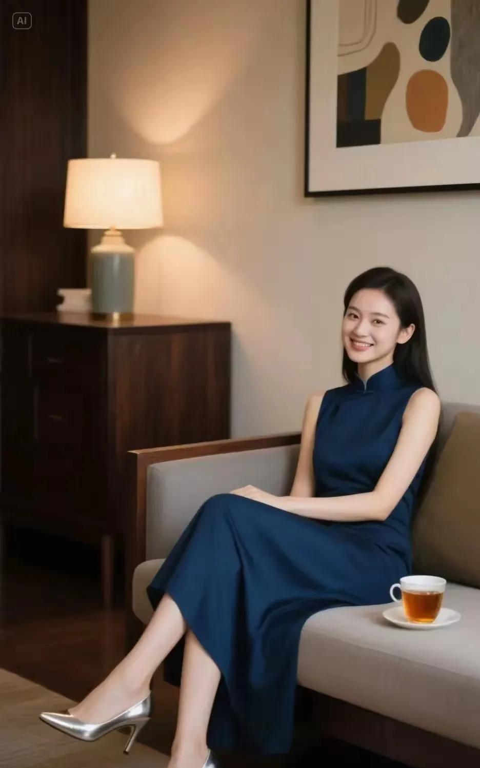蓝衣少女
柔光悄染靛罗裳，
浅笑依沙发上香。
银履茶烟相映处，
风华漫卷韵悠长。