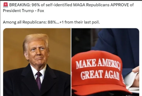 福克斯民调：96%的自认为是MAGA共和党人支持特朗普总统。

在所有共和党人中