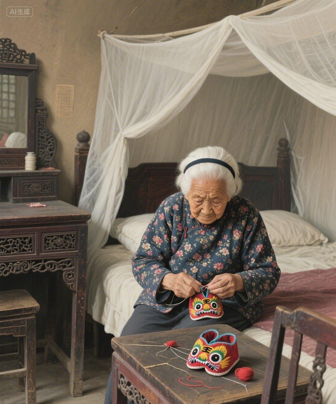 虎头鞋
古宅昏灯映白霜，阿婆巧手绘虎妆。
飞针走线情思绕，剪彩裁绒韵味长。
鞋上
