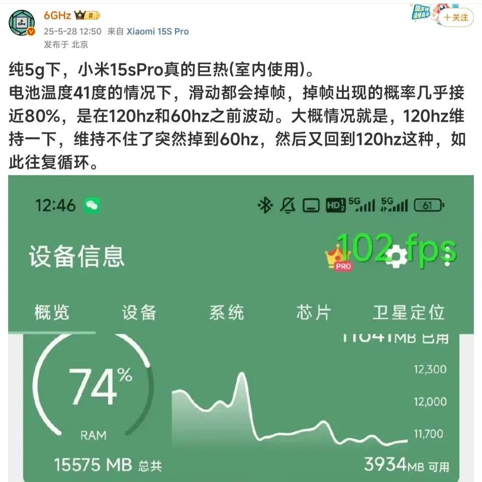 有数码博主发文称，5G环境下，小米15s Pro巨热，并且电池温度达到41度的时
