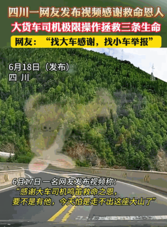 “太幸运了！”6月17日，女子开车行驶在国道上，转弯时对向大车一直闪灯鸣笛，她下