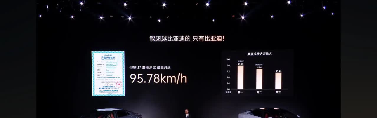 比亚迪仰望U7麋鹿测试最高时速95.78km/h，创下新的记录，遥遥领先的车身控