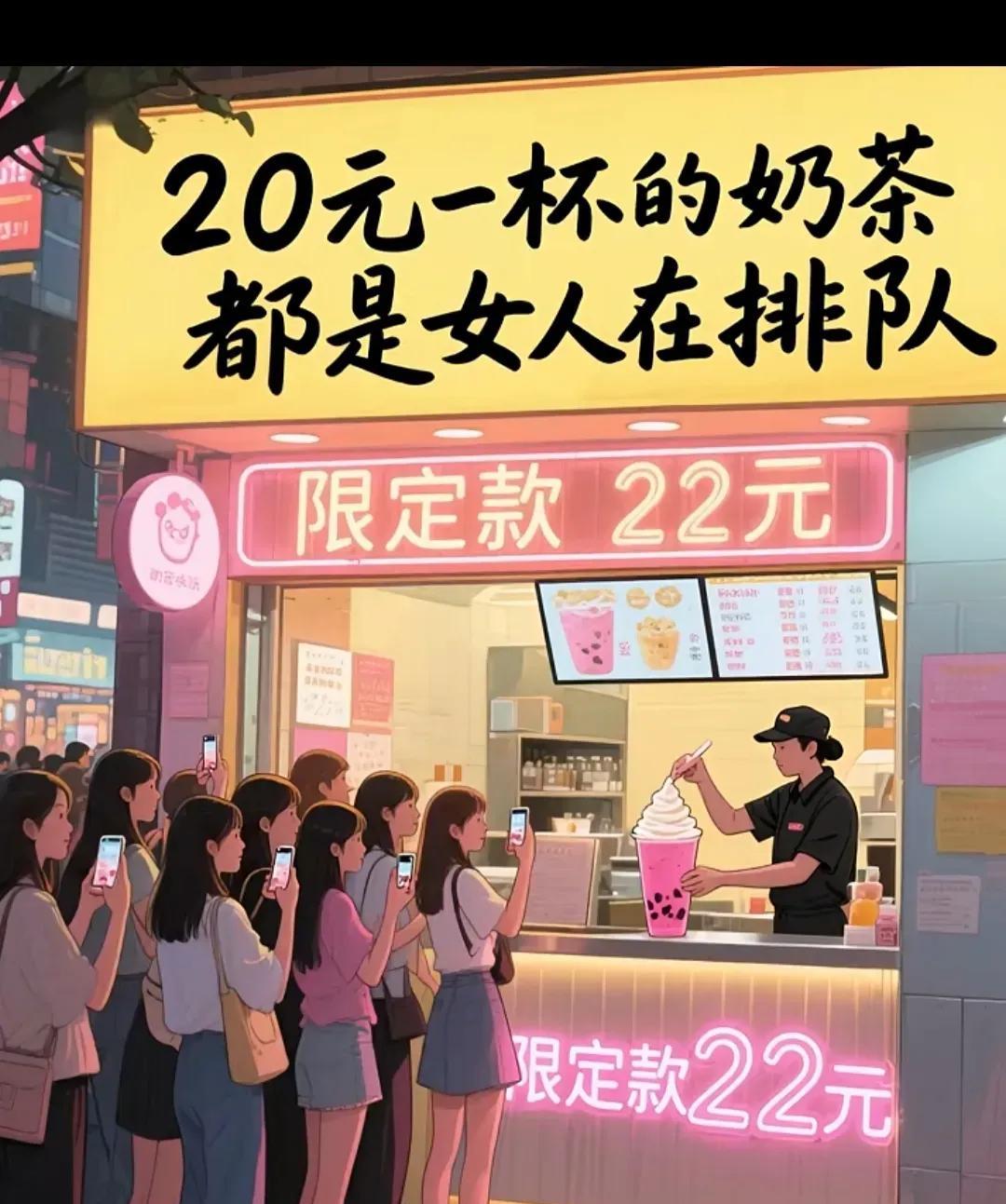 20元一杯的奶茶，多数都是女人和孩子在排队，男人基本不喝奶茶，不是喝不起，只是觉