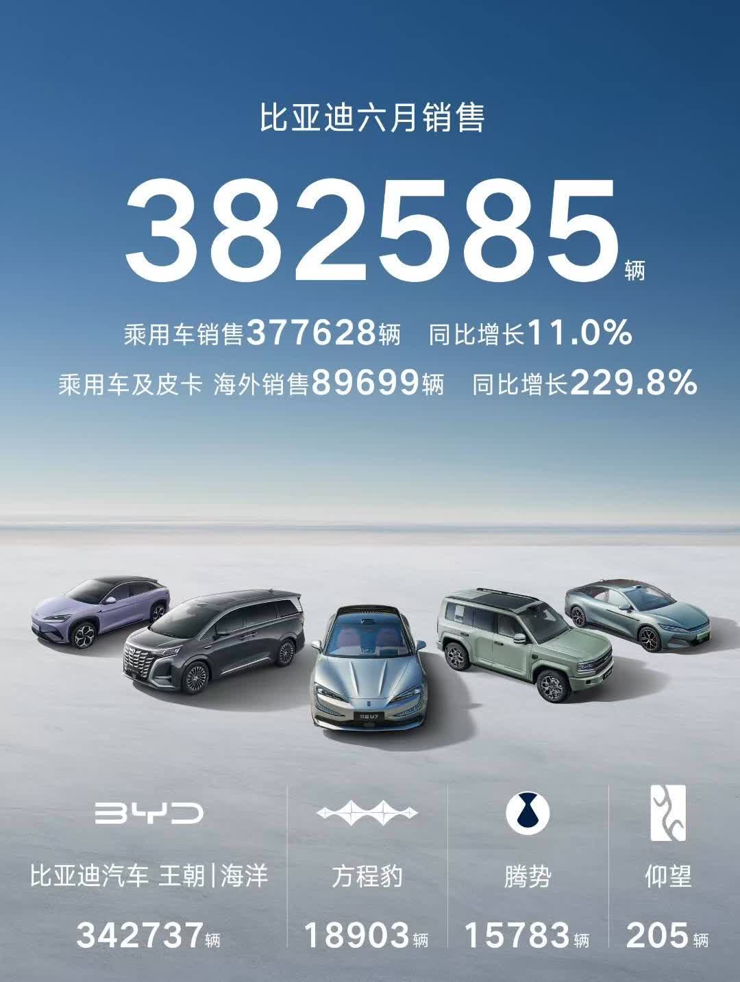 比亚迪6月份干了382585辆，海外销量8.97万辆，很不错的业绩！上半年，累销