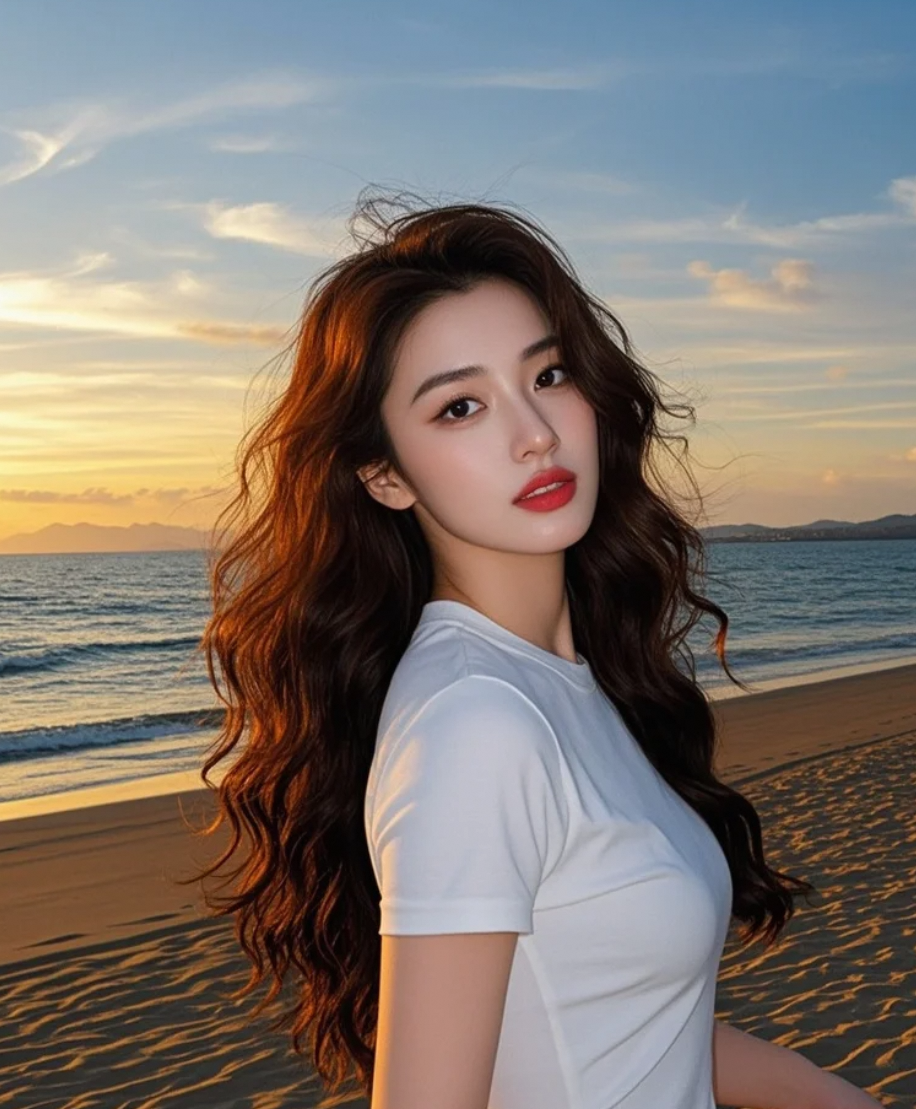 在落日熔金的时刻，她以长发为笔，沙滩为纸，书写着星光熠熠的亲和篇章