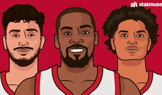 美媒更新动态，晒出火箭球员杜兰特、申京、阿门赛季的场均数据：
申京 —     