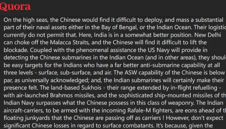 “新德里可以封锁马六甲海峡，而中国将难以解除封锁”。“中国将遭受重创。他们根本无