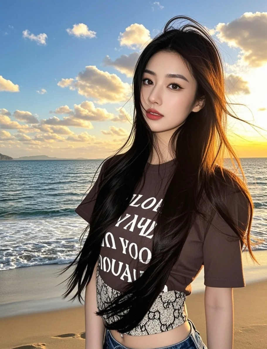 海风轻吻她的发梢，她笑对镜头，以简约T恤演绎大牌明星的休闲魅力