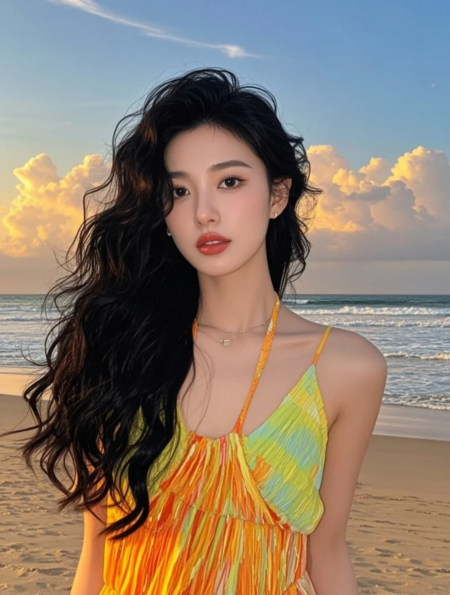 海边漫步的精灵，长发是她最自然的装饰