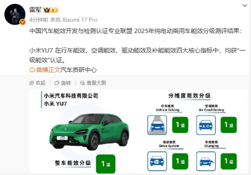 说句实话，小米Yu7这次拿到“一级能效”认证，我一点都不意外。

这不是雷军说的