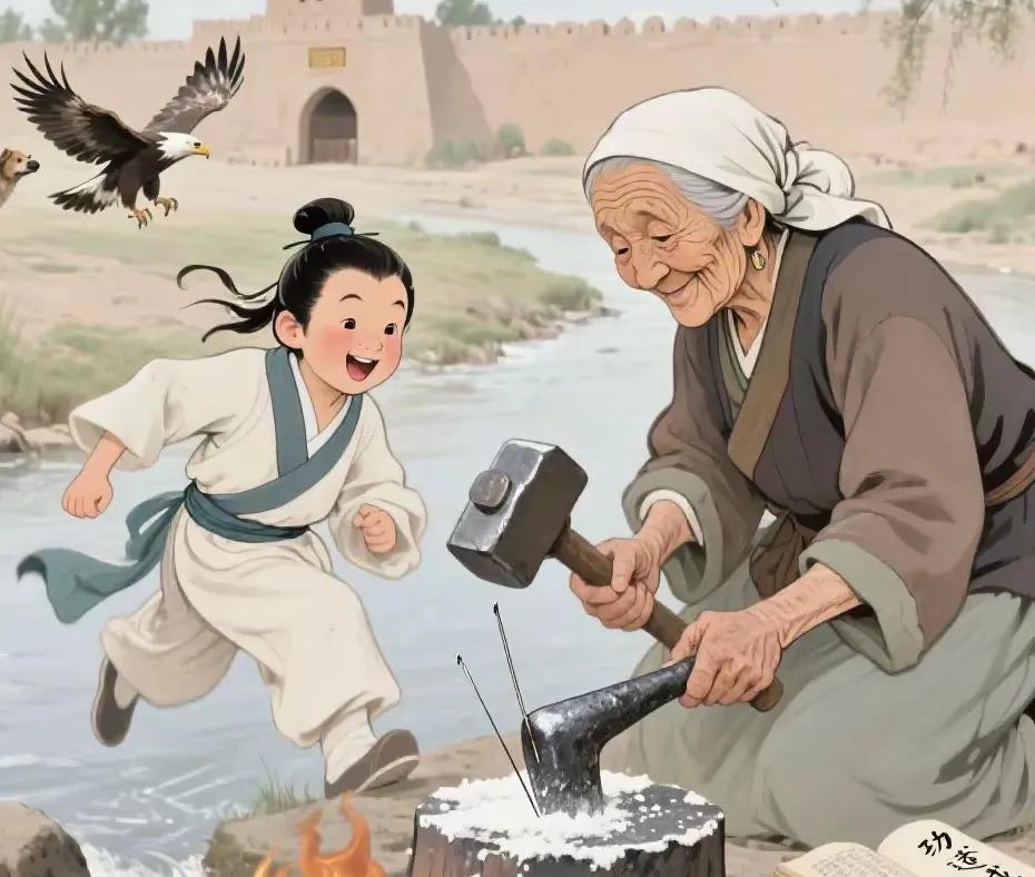 老妪抬袖擦去额角汗，铁杵在青石上碾出细碎火花，声音比溪石还沉：“郎君看这溪水，日