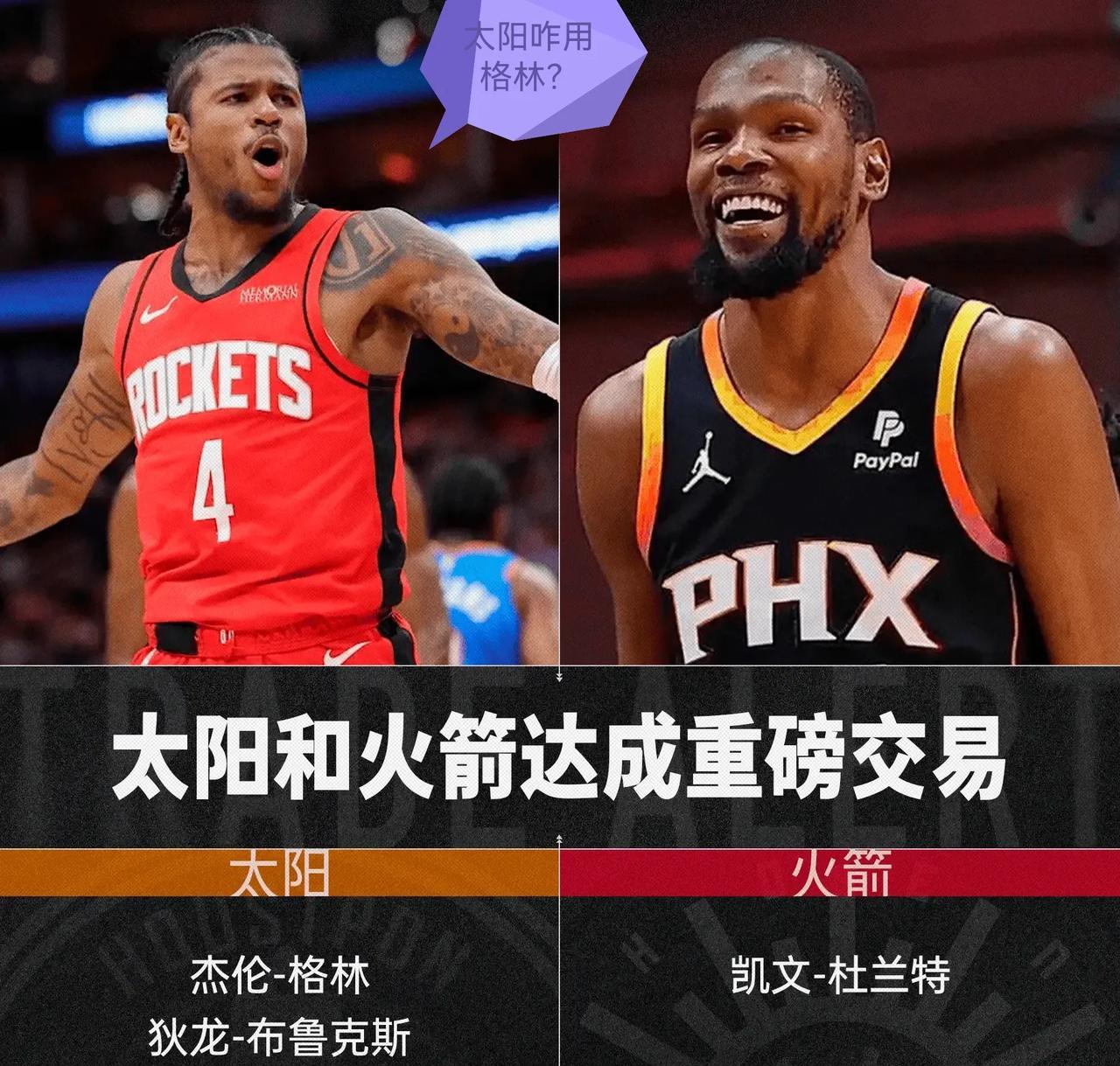 杜兰特与格林互换东家，阿杜如愿，格林前景不妙，因为太阳二号位还有大牌布克与比尔。