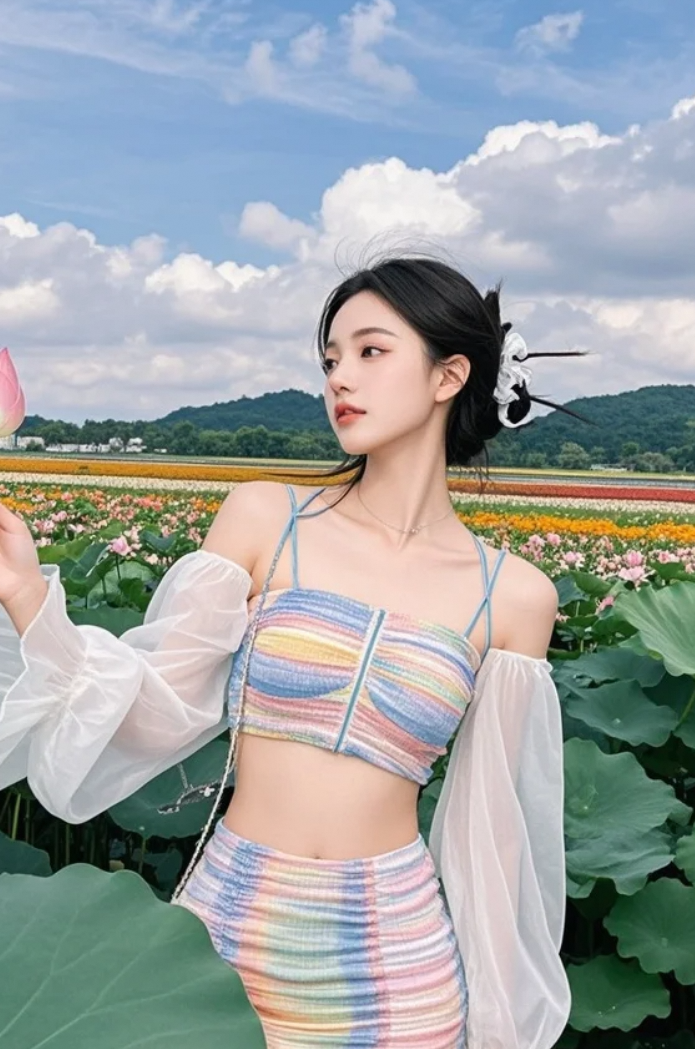 荷塘边的优雅女子，美得让人心动