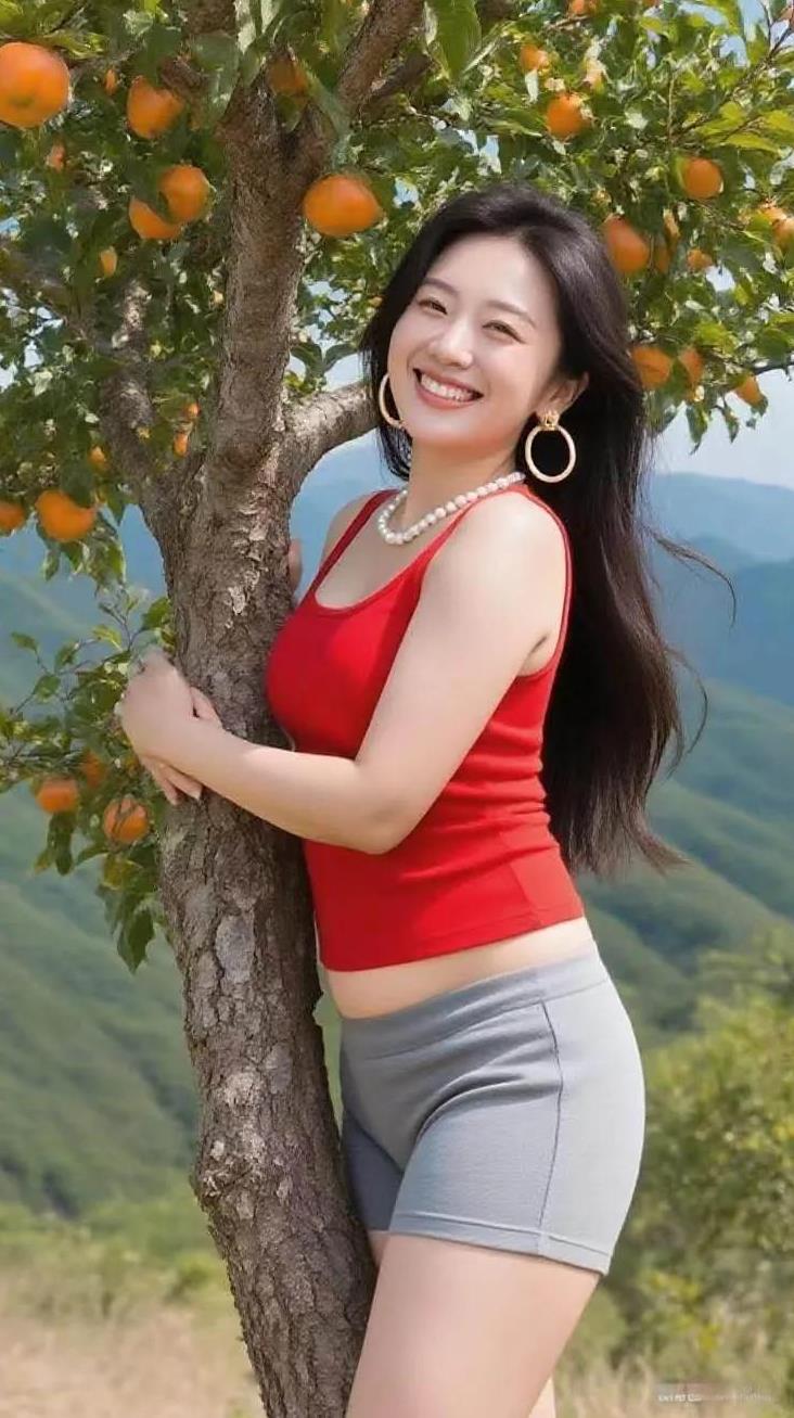 红衫映笑靥如花，
灰裤轻便衬娇娃。
链动环摇添俏色，
怀抱金桔满枝桠。