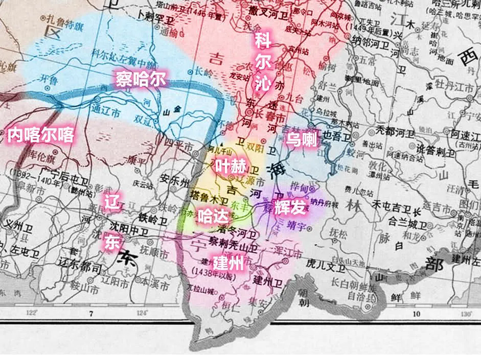 朝领土很大，除了中原汉地，对东北的统治比较牢固，比如叶赫部，又称塔鲁木卫。辖区开