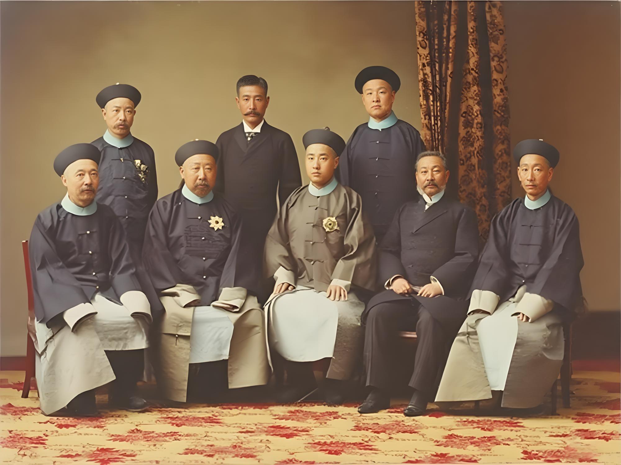 那桐在日本参加博览会期间在东京丸木照相馆合影，前排从左至右分别是外务部左参议陈名