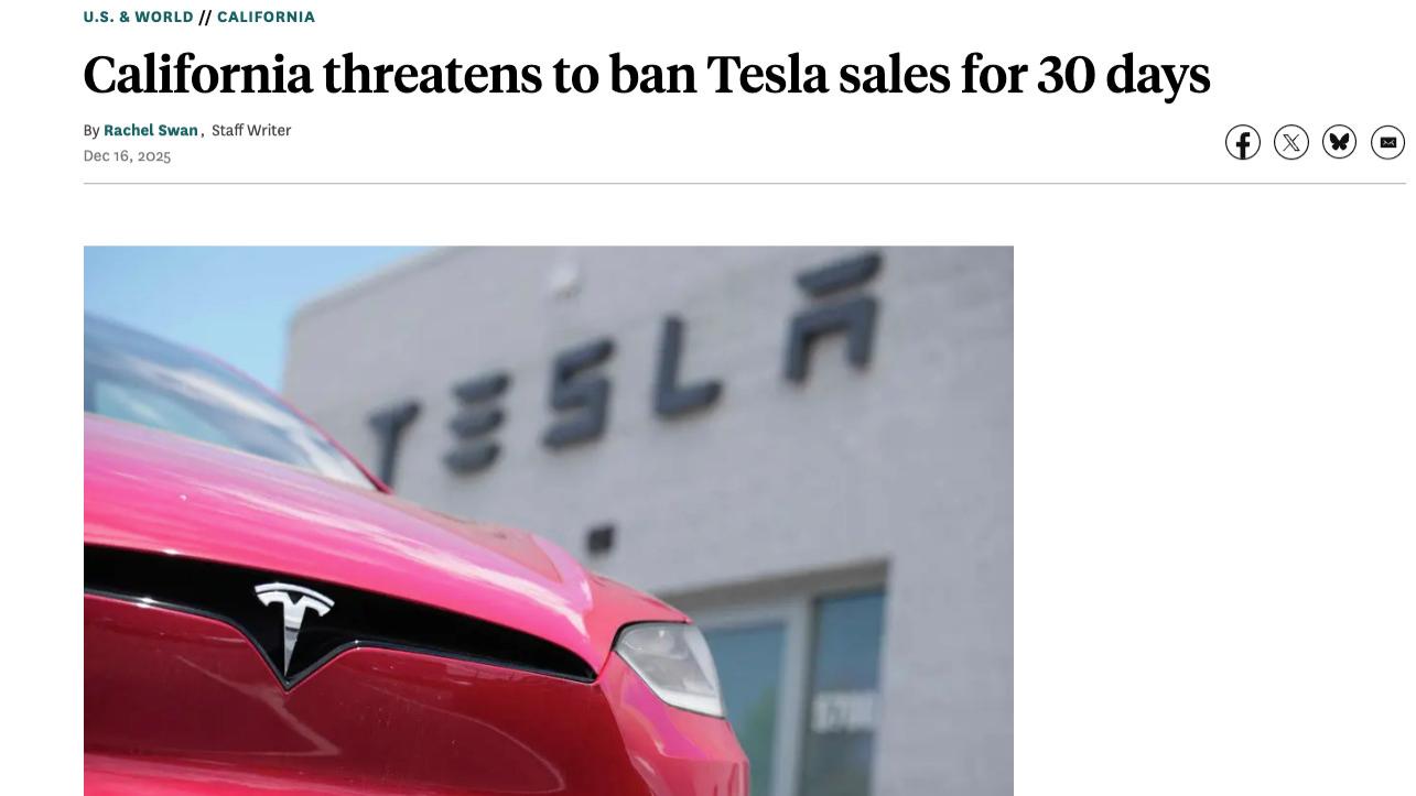 特斯拉因驾驶辅助技术宣传争议 加州销售面临 30 天暂停处罚