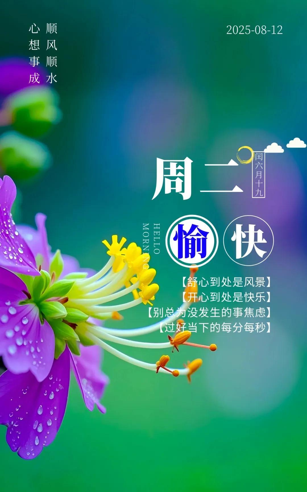 《五律·晨愿》
晓风轻拂面，快意上心来。
感遇今生幸，珍存日祝陪。
三餐温且适，