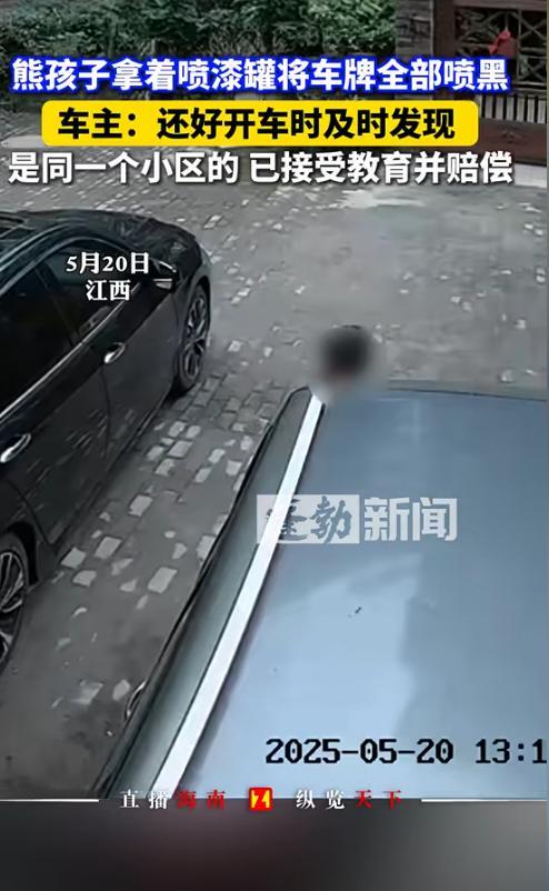 “这小孩太欠打了！”江西抚州，一男孩手持黑色喷漆罐将小区多辆汽车车牌喷成黑色，做
