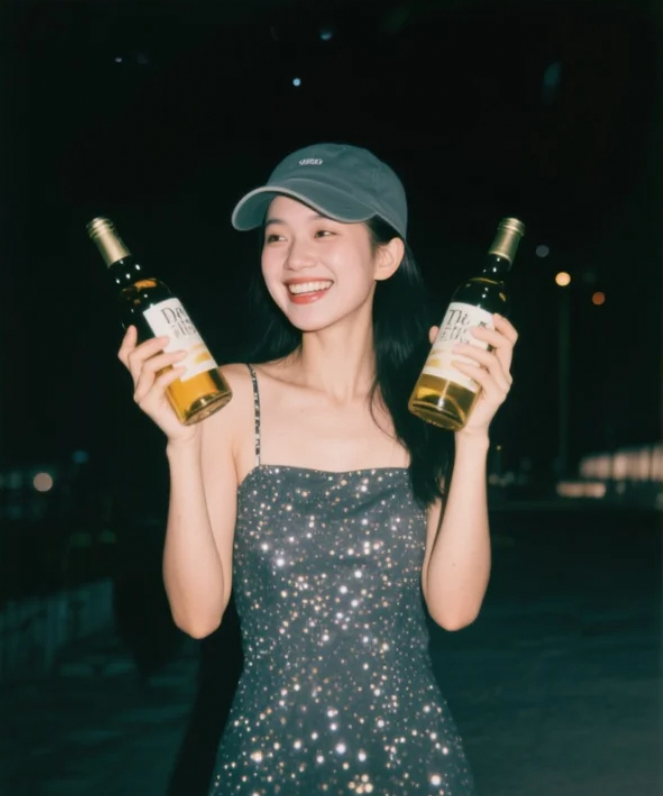 夜色正浓，她手握酒瓶笑着，像极了自由的风。