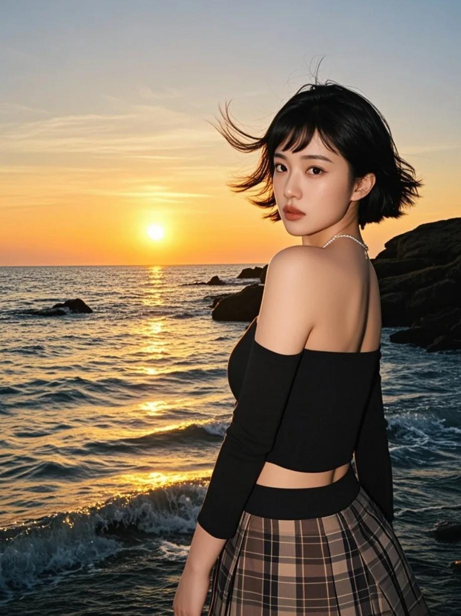潮声相伴，她在夕阳下回眸一笑