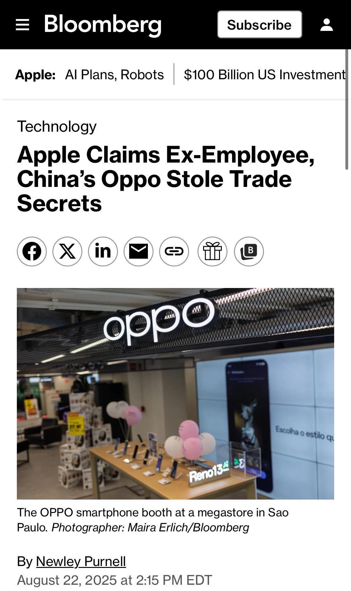 OPPO摊上事了！
据彭博报道，苹果诉Oppo挖角其Watch团队工程师Chen