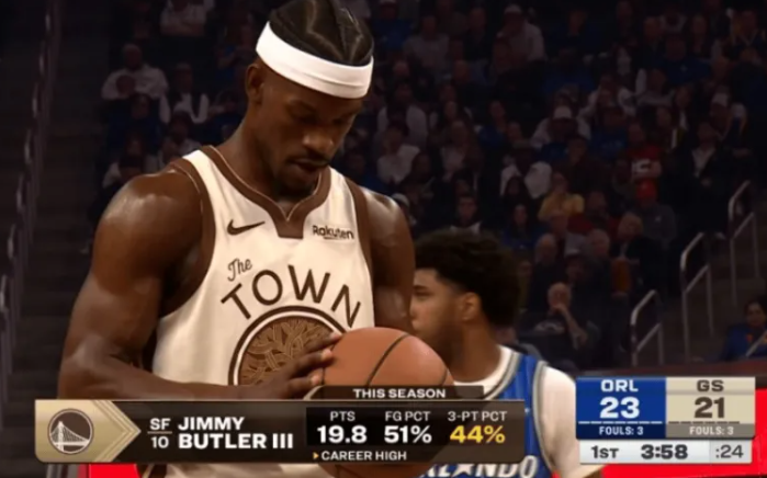 NBA常规赛，勇士对阵魔术赛中转播方给出数据，本赛季吉米-巴特勒三分命中率44.