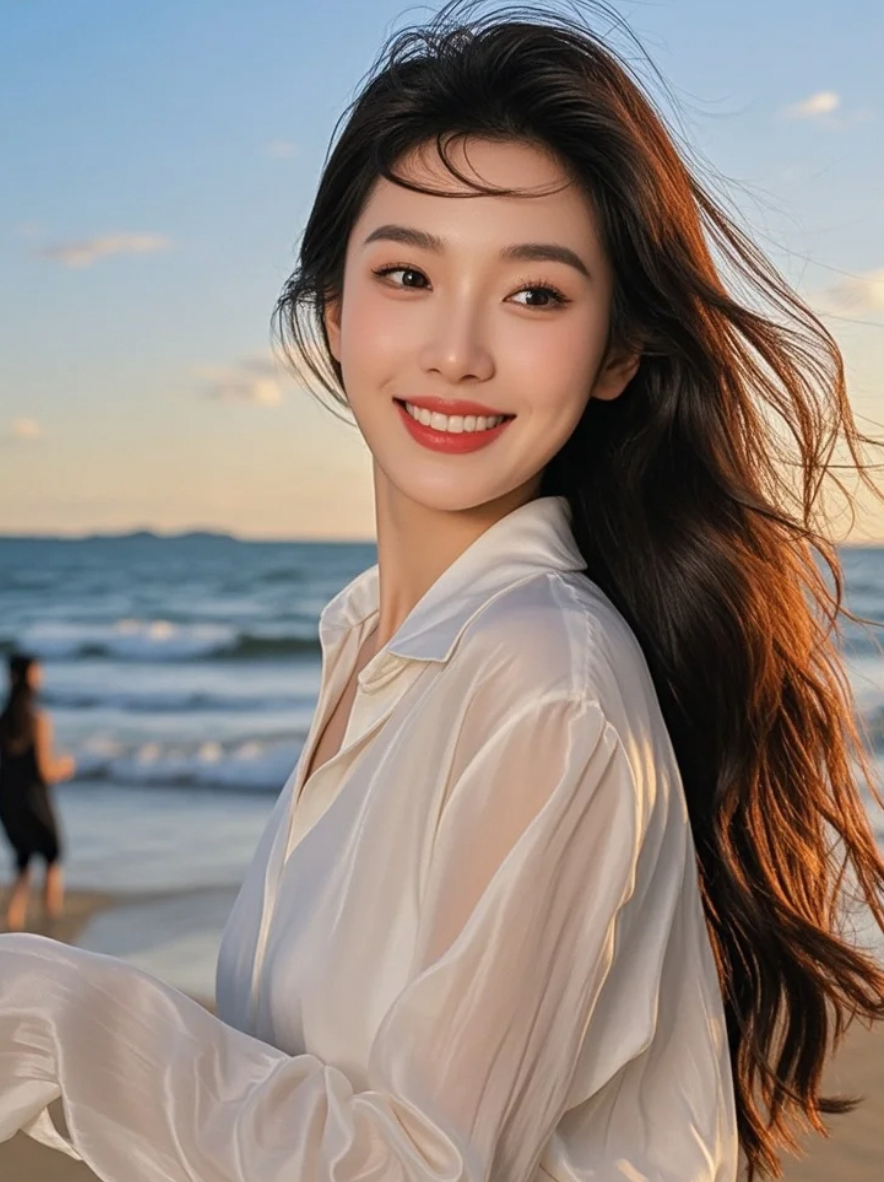 发丝飞扬，明艳双唇含笑，她是海边最生动的诗篇