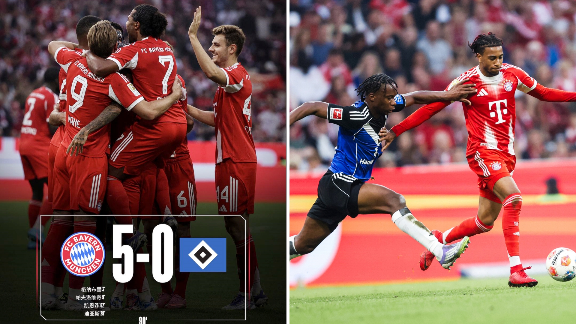 德甲：拜仁慕尼黑主场5-0大胜汉堡，三战全胜积9分位列榜首。 
凯恩两射1传，格
