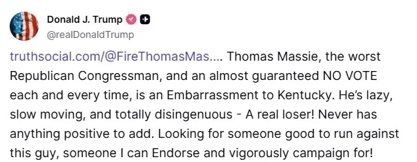 特朗普：托马斯·马西是最糟糕的共和党国会议员，几乎每次投票都投反对票。



他