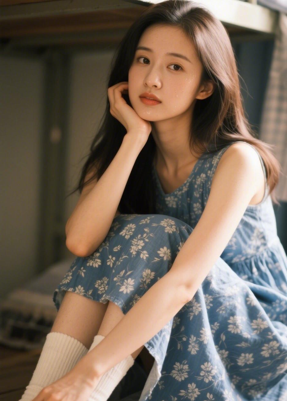 沉思的少女，蓝花裙搭配白袜，静谧的午后时光