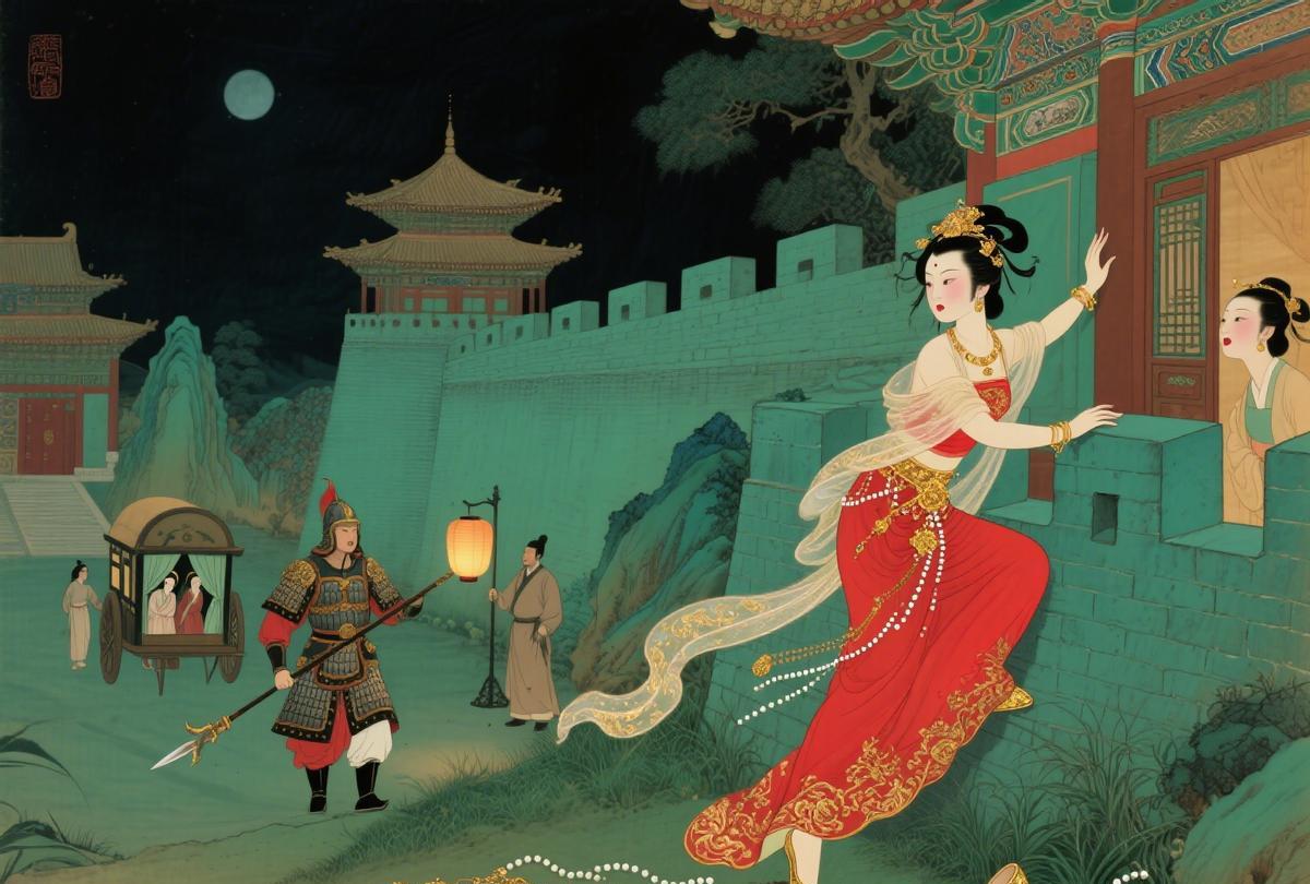 虢国夫人 “爬墙头私会”：半夜爬墙进皇宫见玄宗，被侍卫撞见，说 “我是杨贵妃的姐