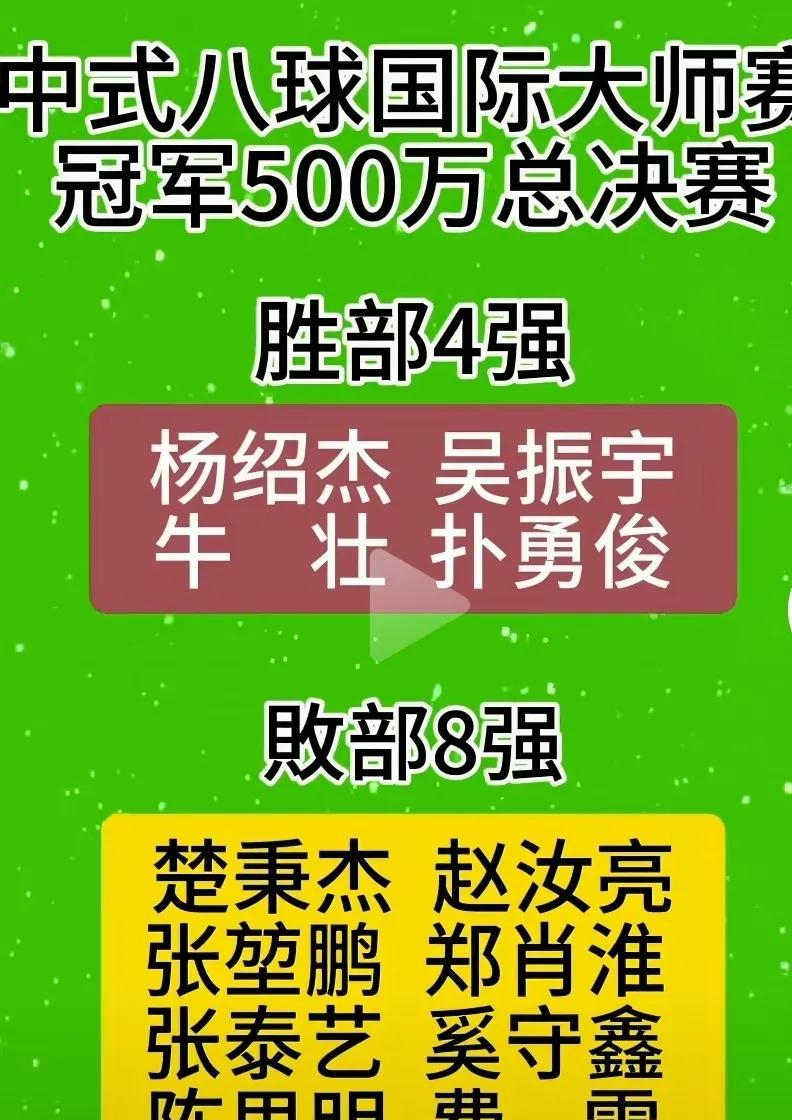 中式八球乔氏总决赛，胜部四强有2个外籍选手！目前国内11档的楚秉杰、赵汝亮、张堃