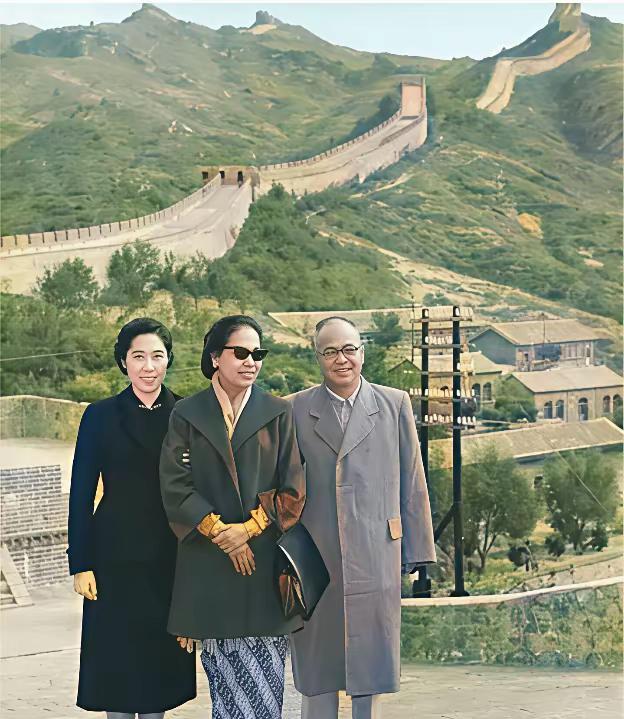 1962年，王光美陪同印尼总统夫妇游览长城。
王光美身穿黑色外套，气质优雅时尚。