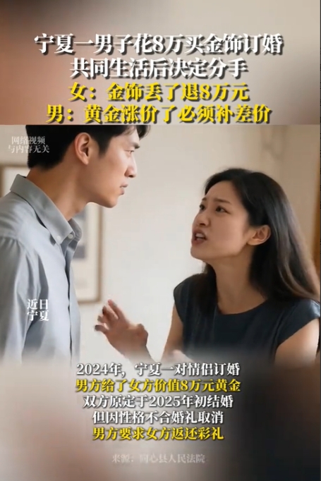 宁夏，一对男女经人介绍相识，按习俗办了婚礼，男方支付20万彩礼和8万黄金首饰。本