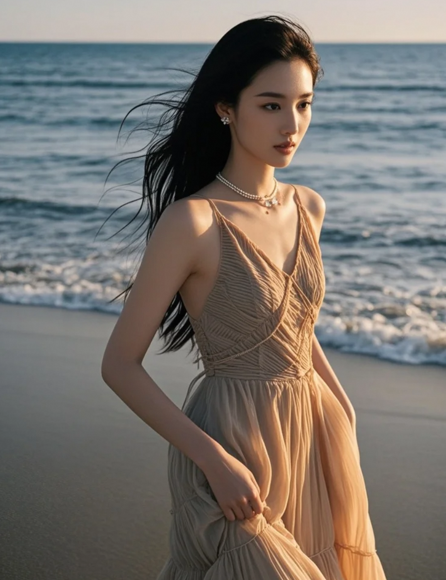 沙滩上的她，长发与海风共舞，笑容温柔如诗