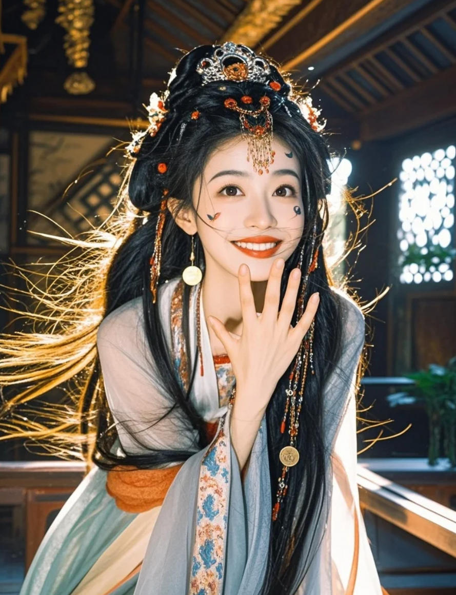 眉眼流转间藏着三分俏皮，七分撩人，美得让人不敢直视。