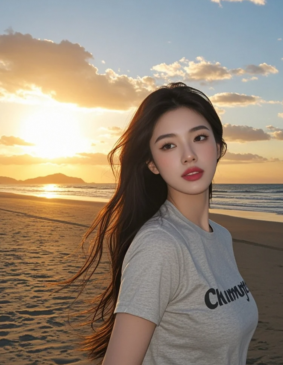 白云悠悠，她自在前行，T恤与长发在夕阳下，勾勒出活力四射的星之轮廓