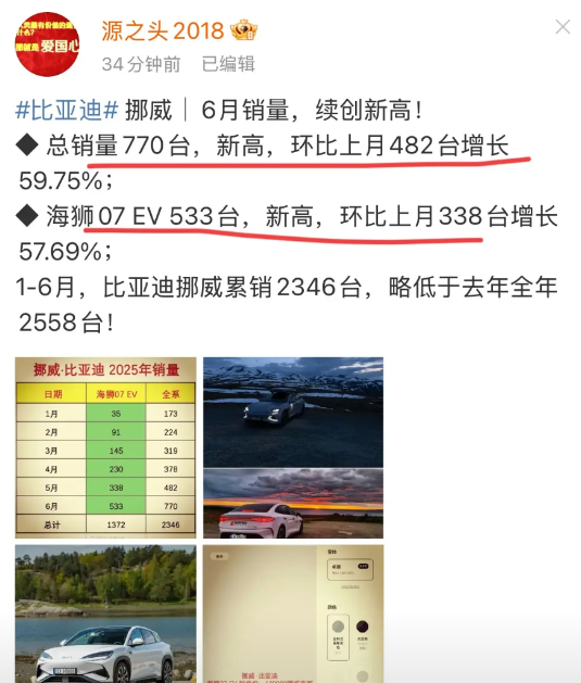 再小的蚊子也是肉！
挪威6月汽车市场，比亚迪销量创历史新高！
来自源之头消息，比