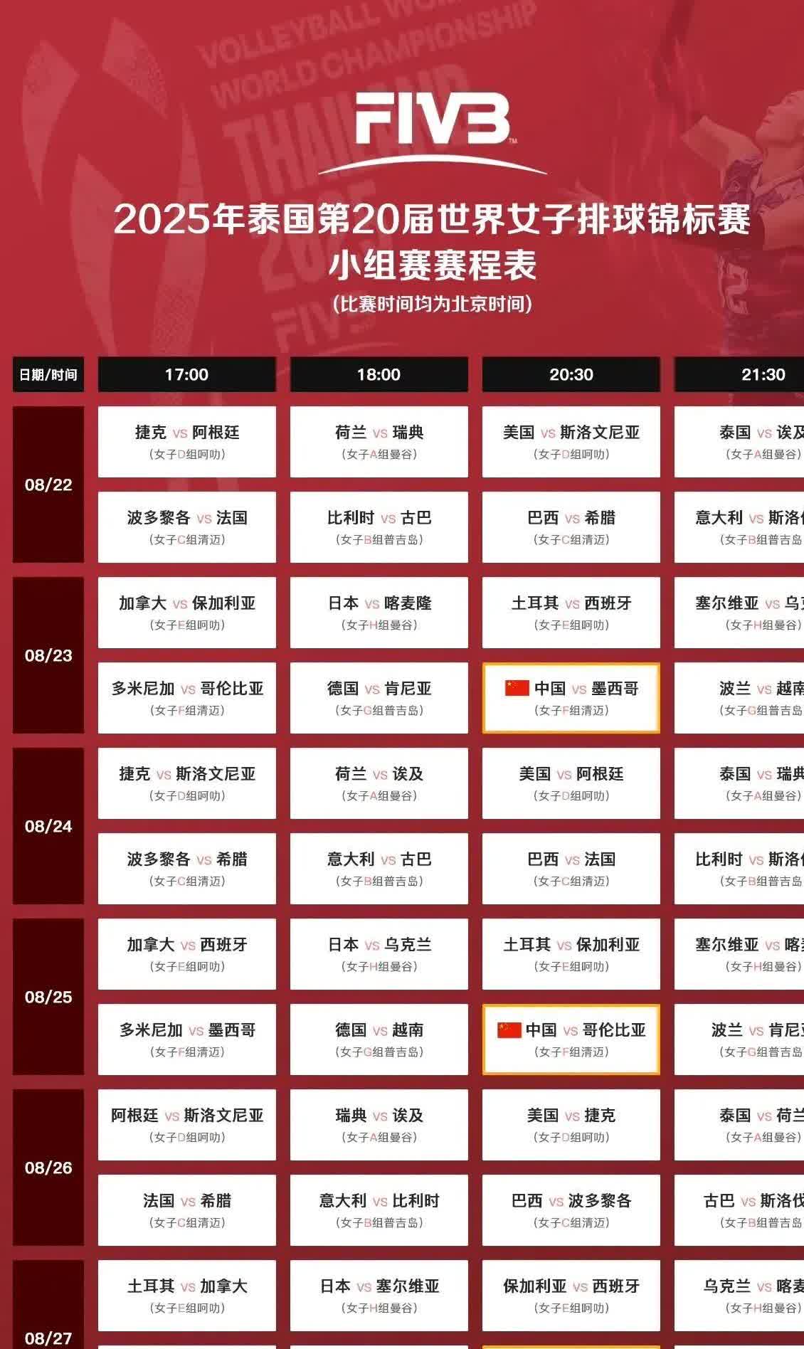 喜欢看中国女排比赛转播的人有福了，2025年女排世锦赛各支球队小组赛的具体赛程时